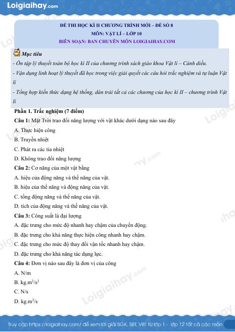 Đề thi học kì 2 Vật lí 10 Cánh diều - Đề số 8